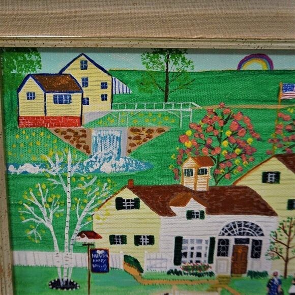 Folk Art Primitive Americana Vintage Art Naif BHC Signed Canvas Painting Naive - Picture 6 of 9